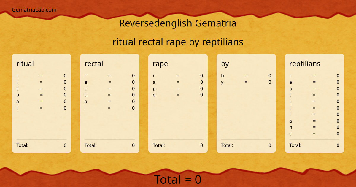ritual rectal rape by reptilians in reversedenglish Gematria